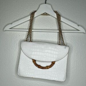 Just Fab Faux alligators/croc leather bamboo handle white shoulder purse